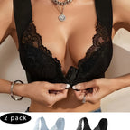 2 Pack Women’s Front Closure Bras with Lace Detail and Wide Straps