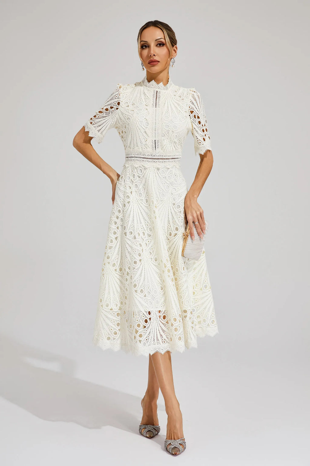 Aurora | Women’s Elegant Lace Midi Dress with Short Sleeves