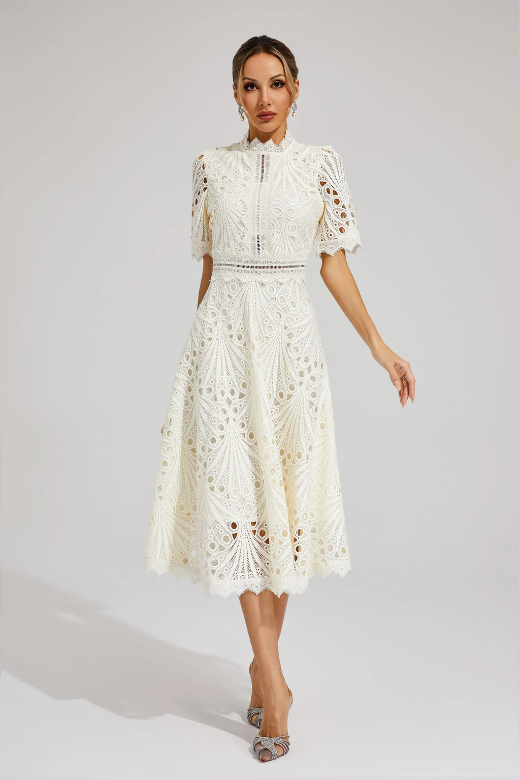 Aurora | Women’s Elegant Lace Midi Dress with Short Sleeves