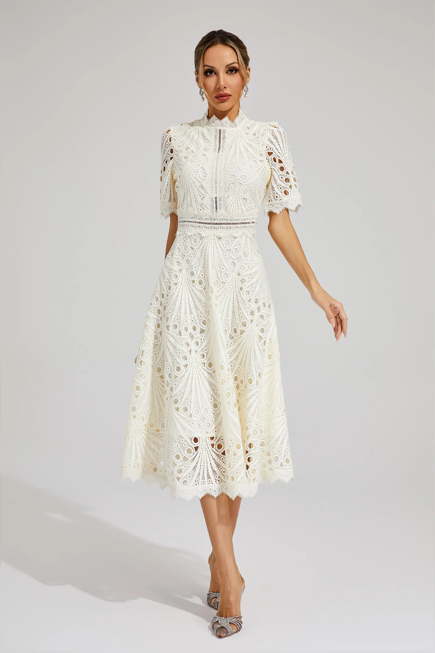 Aurora | Women’s Elegant Lace Midi Dress with Short Sleeves