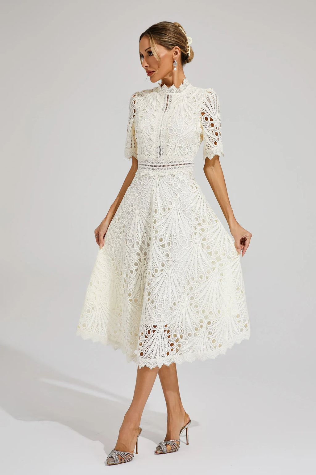 Aurora | Women’s Elegant Lace Midi Dress with Short Sleeves