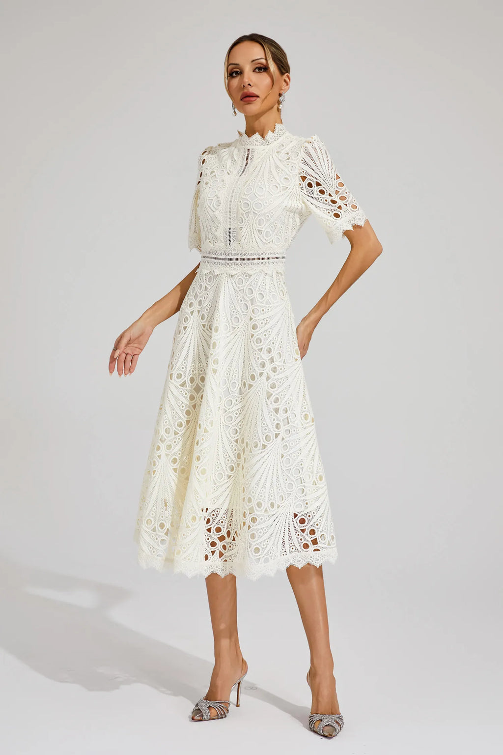 Aurora | Women’s Elegant Lace Midi Dress with Short Sleeves