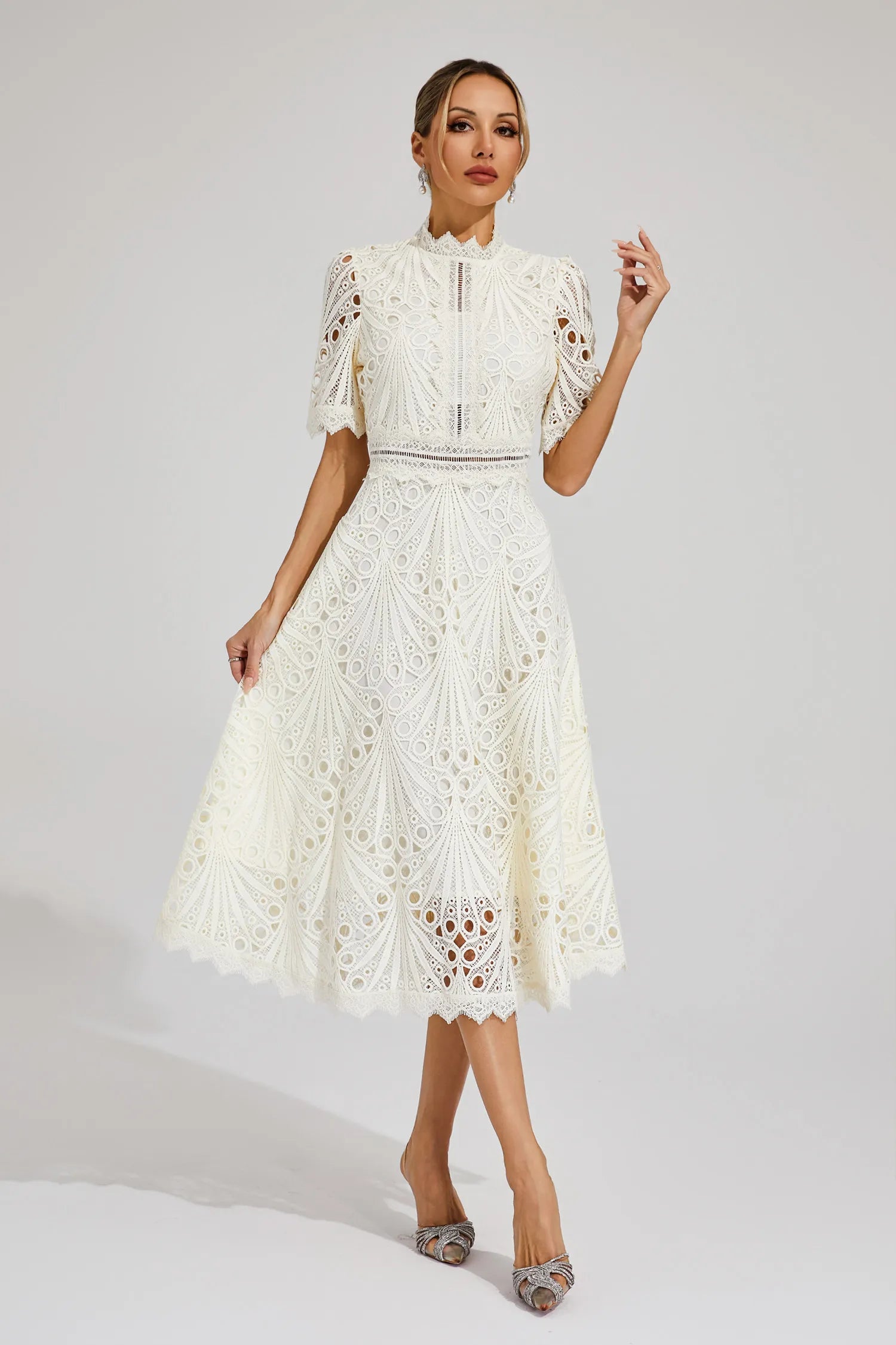 Aurora | Women’s Elegant Lace Midi Dress with Short Sleeves