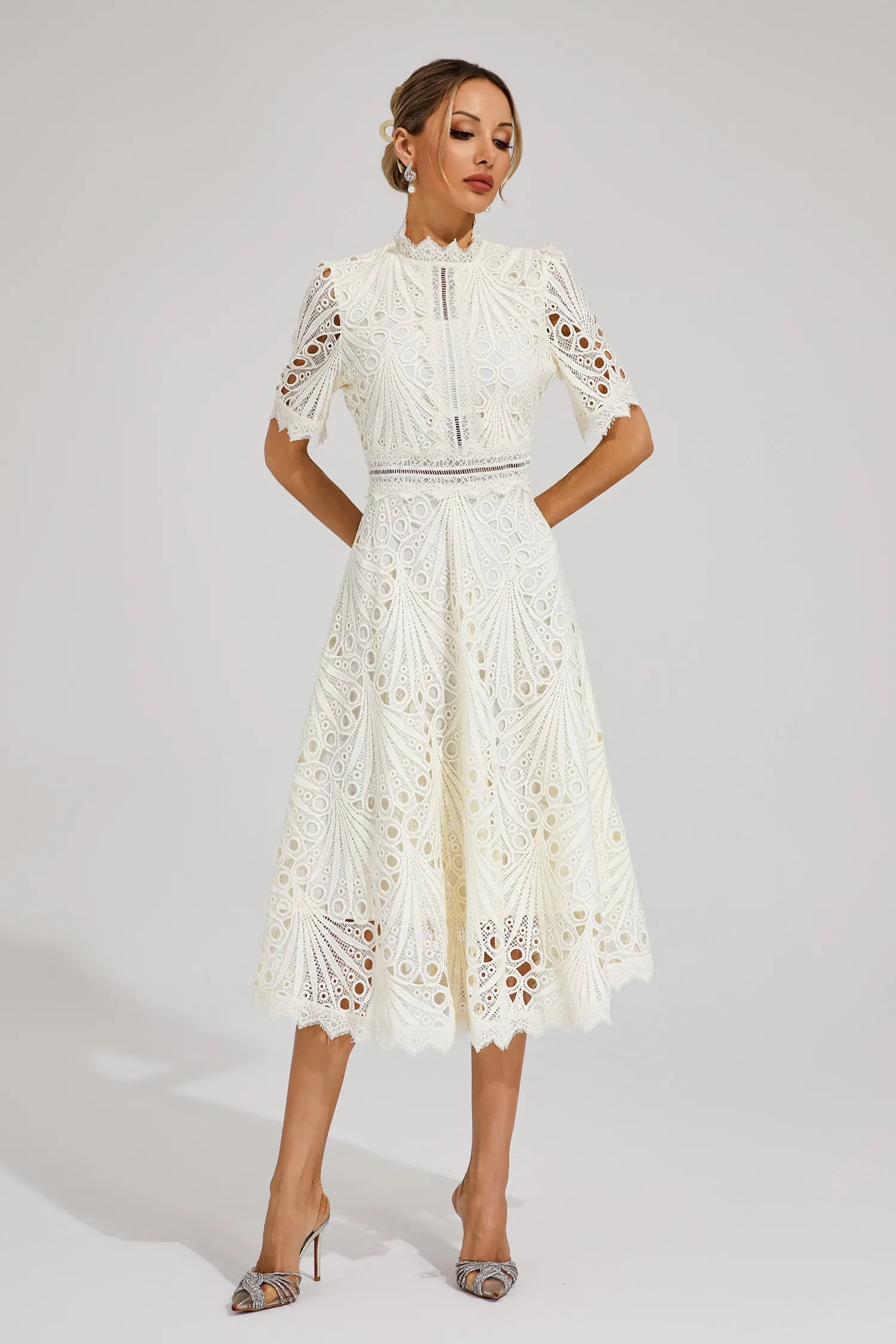 Aurora | Women’s Elegant Lace Midi Dress with Short Sleeves