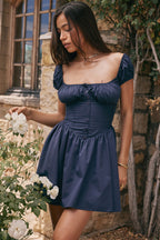 Maya | Nala French Navy Gathered Mini Dress , Dinner or Evening Attire - Dark Blue