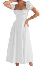 Emma | Lace-up Mid Waist Maxi Dress - Dinner Attire, Puff Sleeve Slit