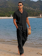 Men’s Linen Style Two Piece Summer Set – Short Sleeve Button Shirt & Relaxed Fit Trousers – Lightweight Beachwear Outfit