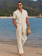 Men’s Linen Style Two Piece Summer Set – Short Sleeve Button Shirt & Relaxed Fit Trousers – Lightweight Beachwear Outfit