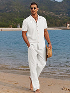 Men’s Linen Style Two Piece Summer Set – Short Sleeve Button Shirt & Relaxed Fit Trousers – Lightweight Beachwear Outfit