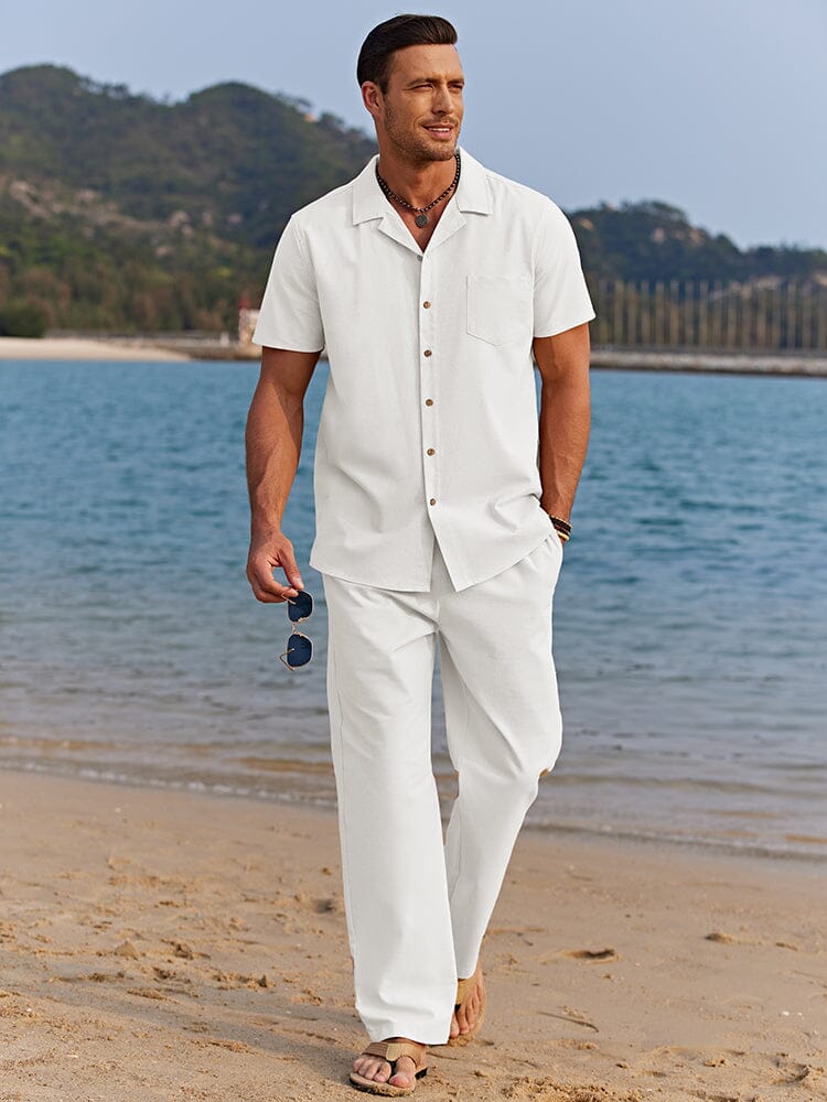 Men’s Linen Style Two Piece Summer Set – Short Sleeve Button Shirt & Relaxed Fit Trousers – Lightweight Beachwear Outfit