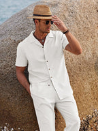 Men’s Linen Style Two Piece Summer Set – Short Sleeve Button Shirt & Relaxed Fit Trousers – Lightweight Beachwear Outfit