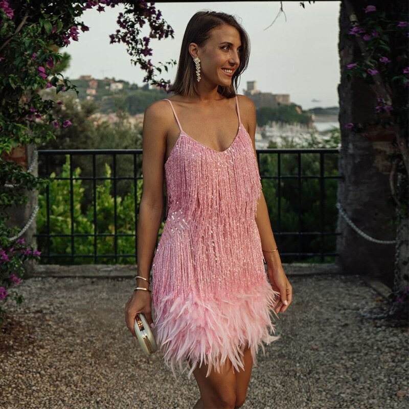 Olivia| Women's Feather Mini Dress Glamorous & Playful