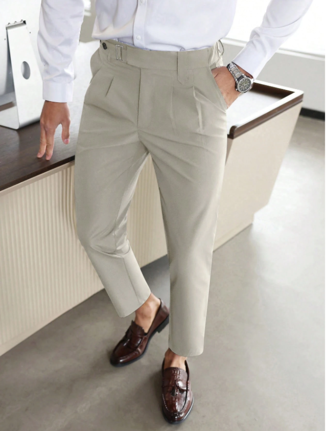 Men’s Slim Fit Tailored Trousers – High-Waisted Pleated Business Casual Pants with Adjustable Side Buckle Tabs, Tapered Leg & Cropped Ankle Design