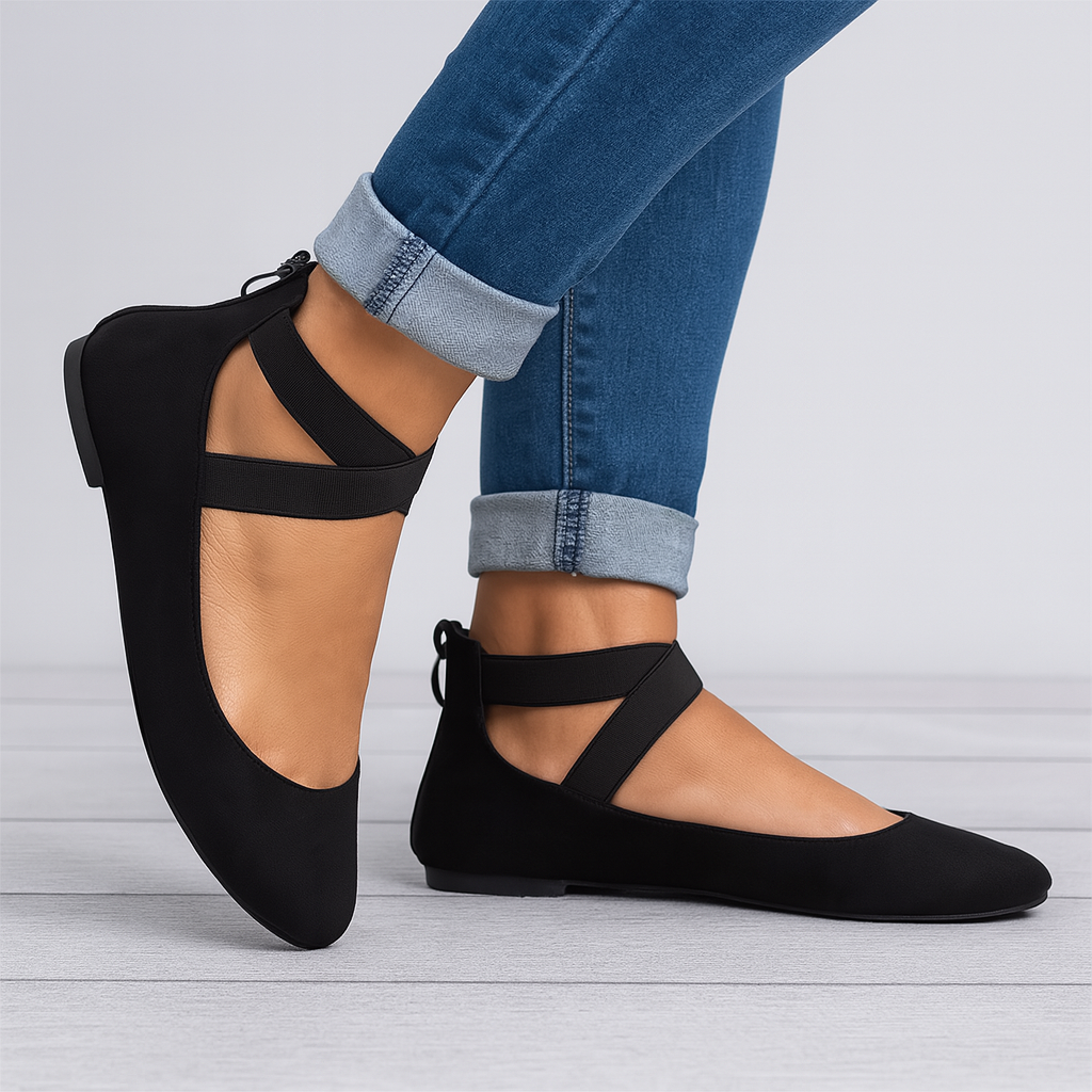 Bella | Classic Ballet Flats - Suede Finish Elastic Strap with Round Toe