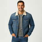 Men’s Sherpa Lined Denim Jacket – Button-Up Casual Winter Outerwear with Fleece Collar