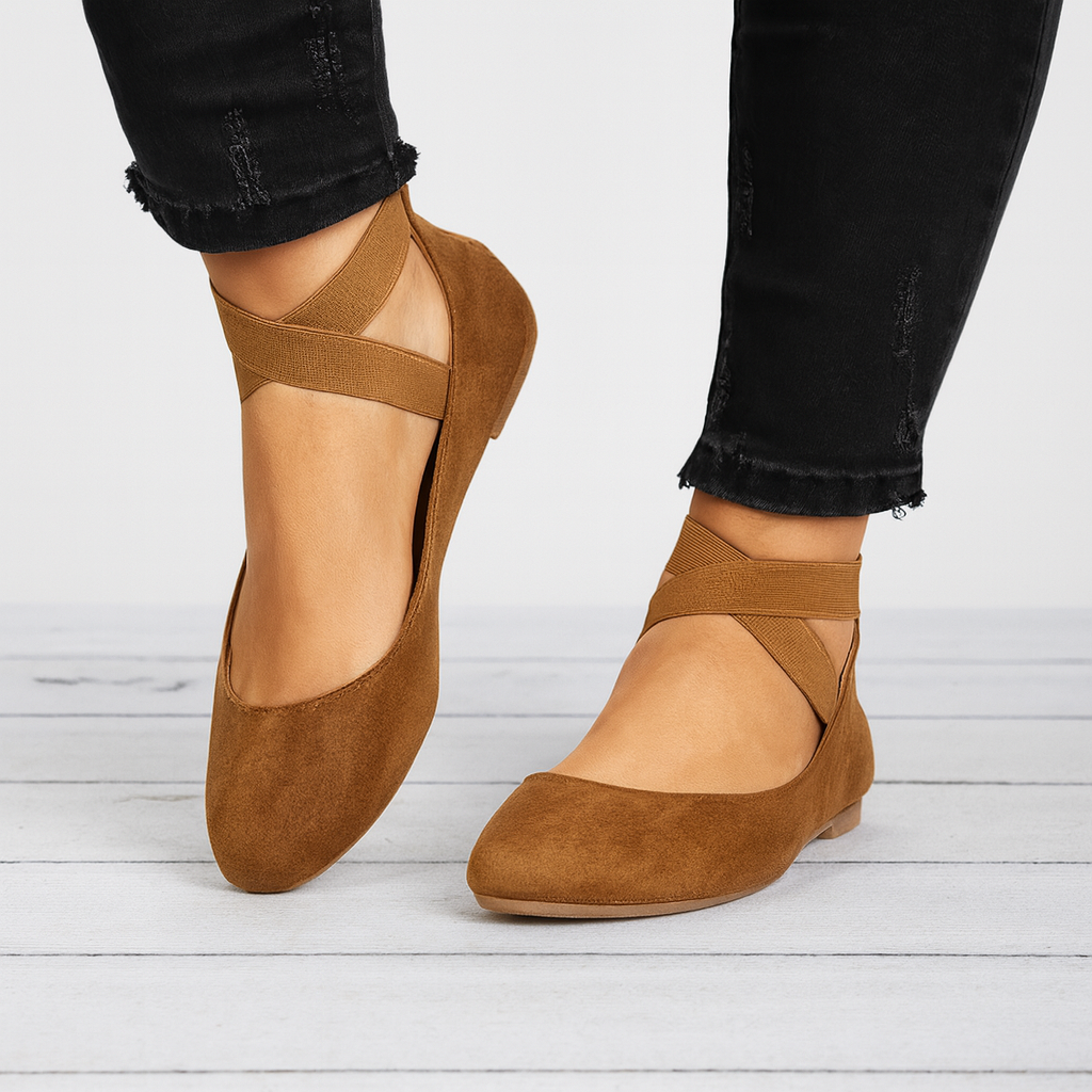 Bella | Classic Ballet Flats - Suede Finish Elastic Strap with Round Toe