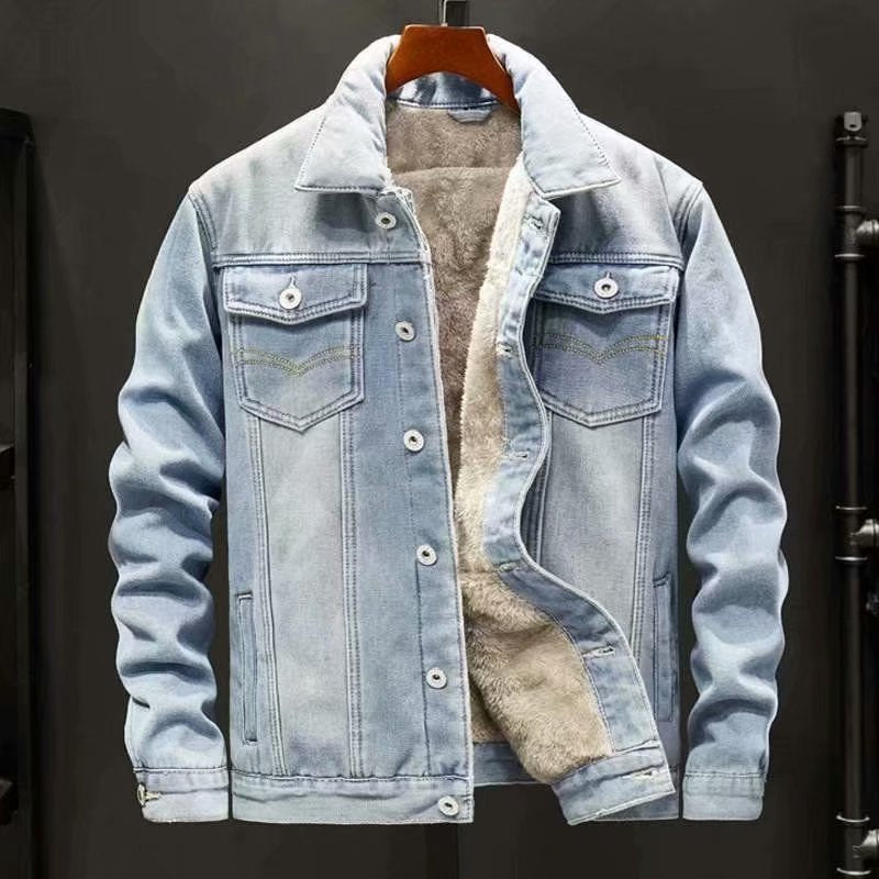 Men’s Sherpa Lined Denim Jacket – Button-Up Casual Winter Outerwear with Fleece Collar