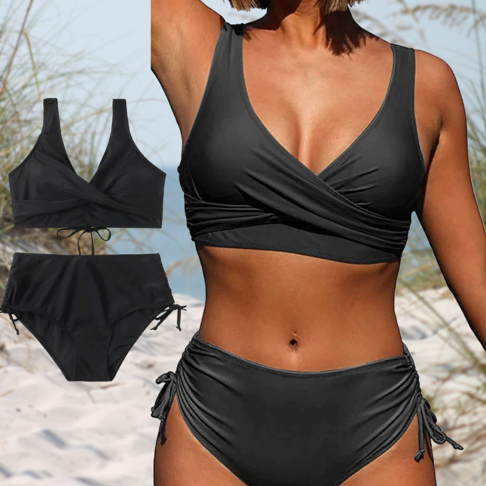 Helen | Black Two-Piece Women's Swimsuit with Crossed Top