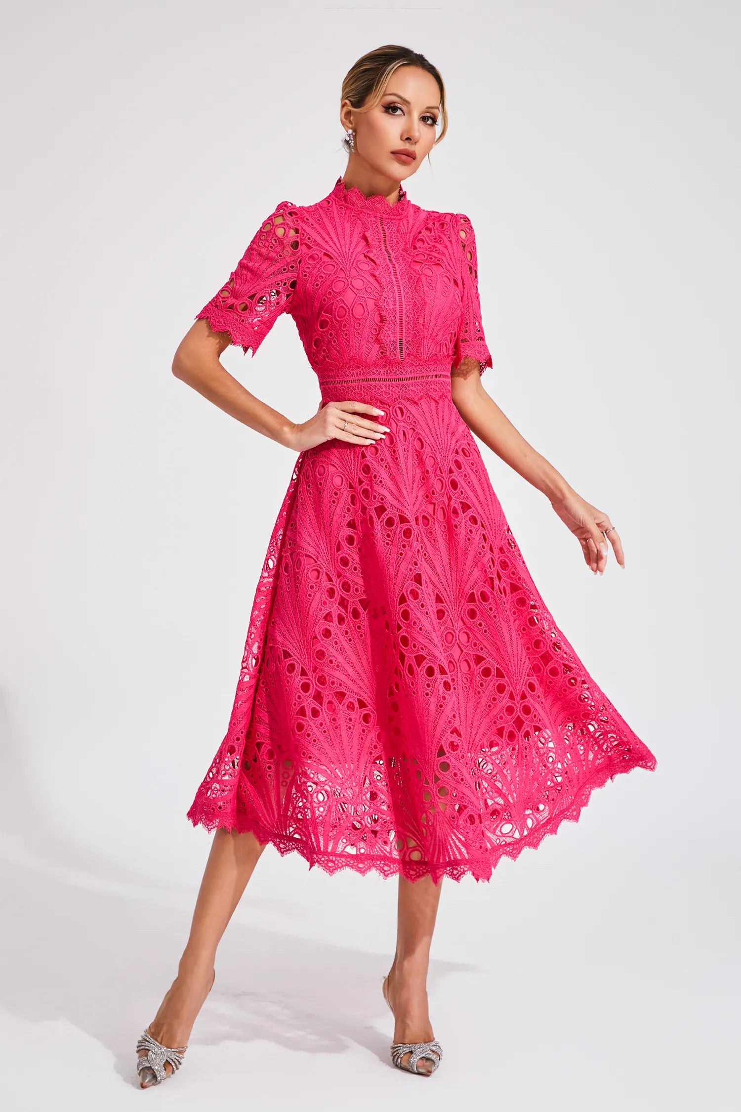 Aurora | Women’s Elegant Lace Midi Dress with Short Sleeves