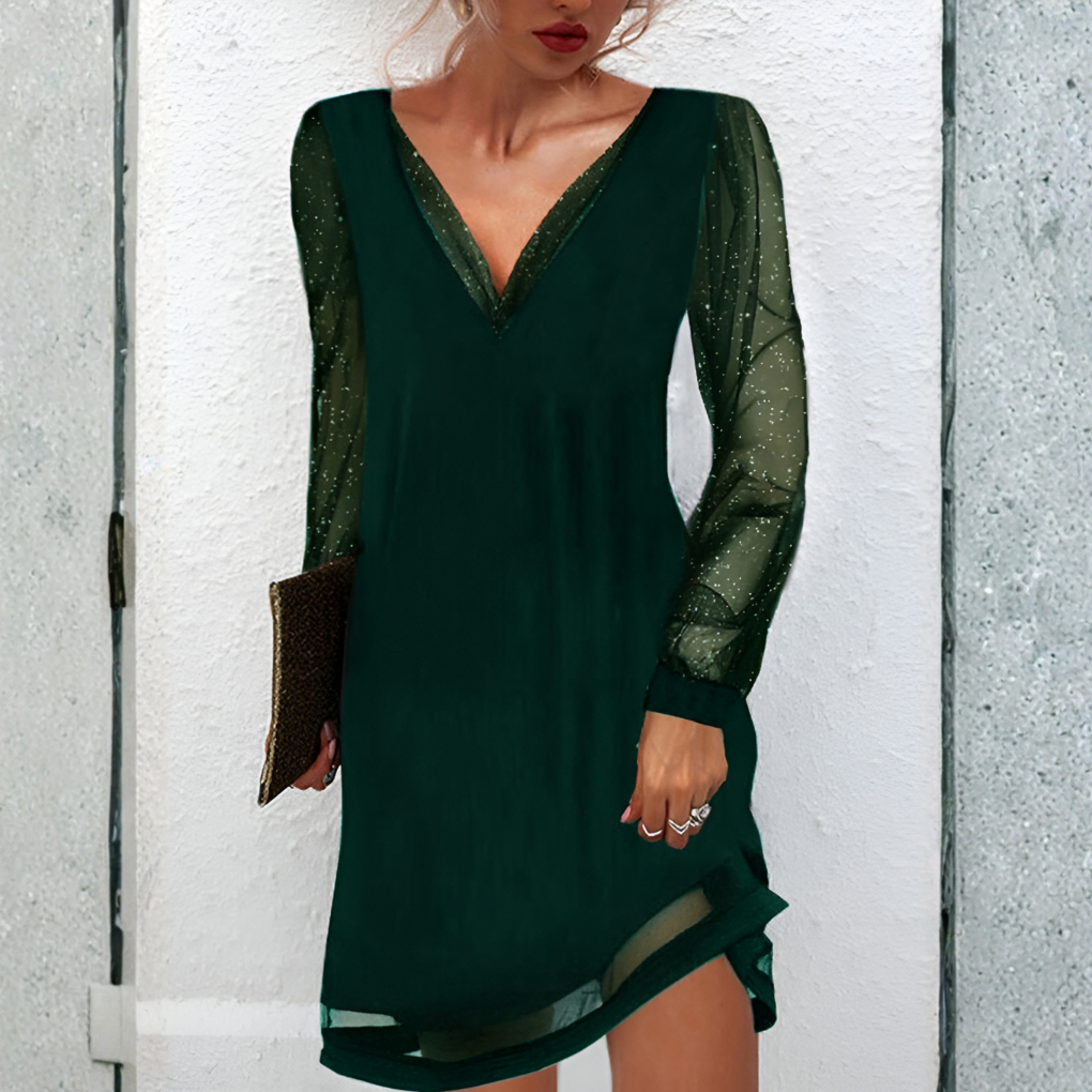 Women’s Sheer Mesh Long Sleeve V-Neck Evening Dress – Elegant A-Line Cocktail Mini Dress with Glitter Detail Sleeves & Soft Flowing Hem