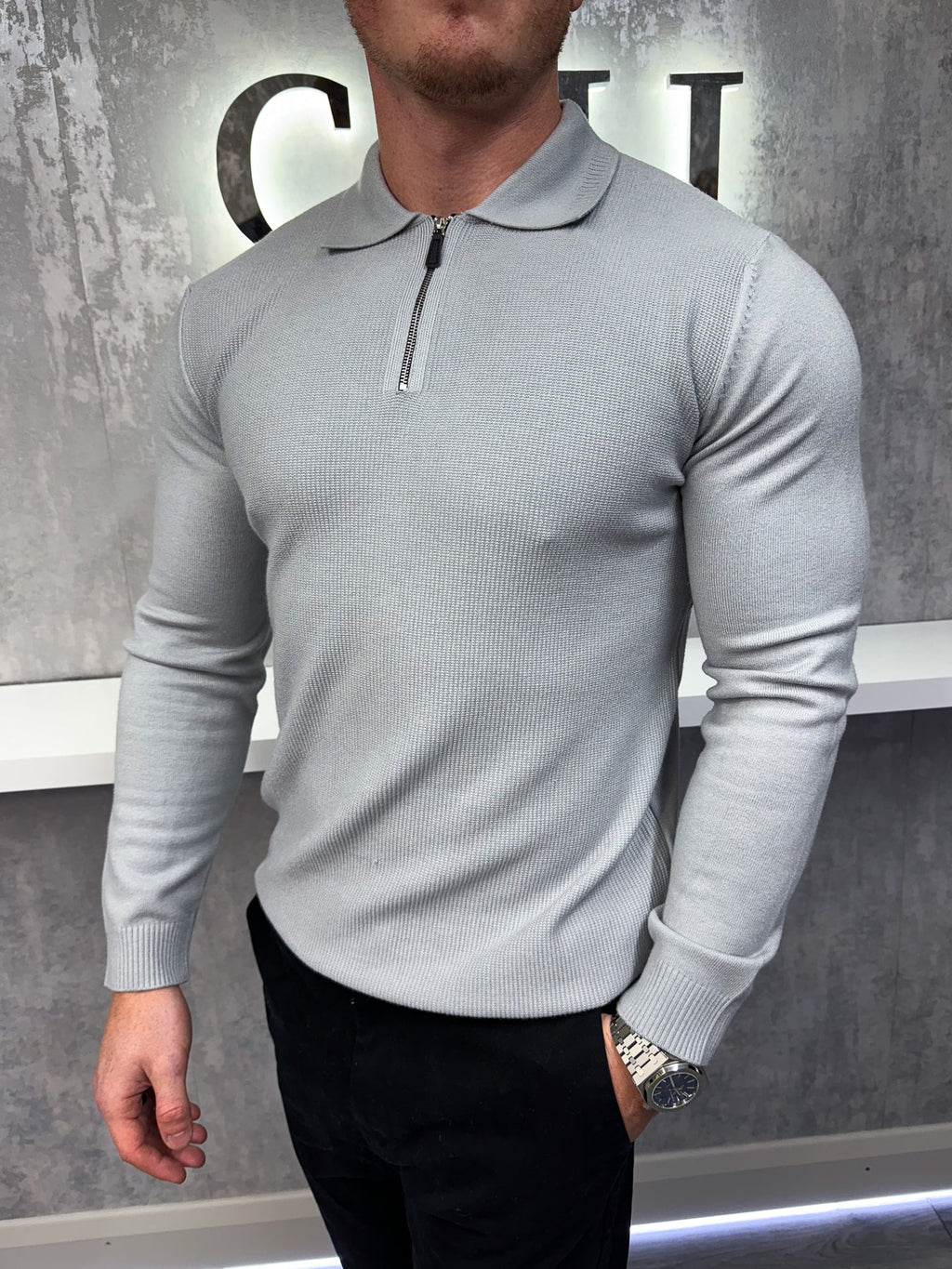 Long sleeve zip polo - Grey
