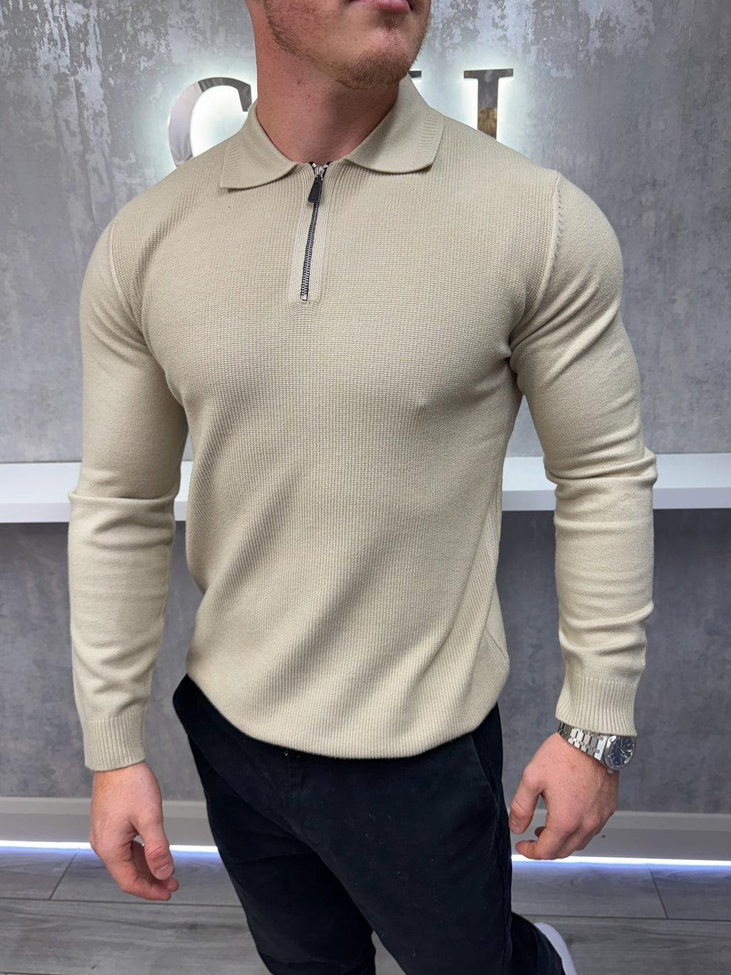 Long sleeve zip polo - Beige