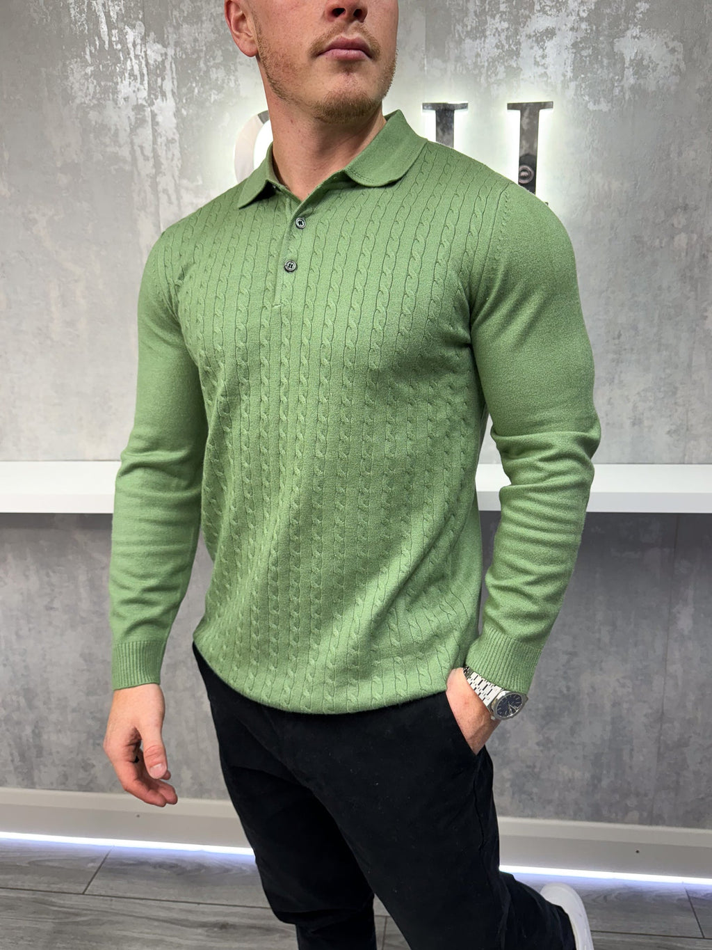 Long sleeve button up polo - Khaki