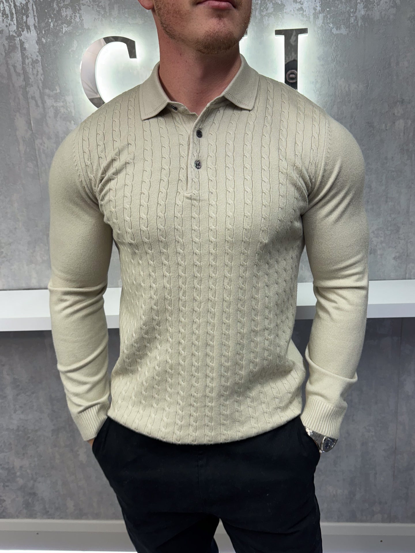 Long sleeve button up polo - Beige