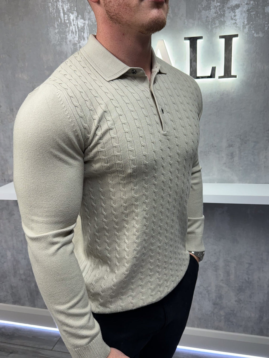 Long sleeve button up polo - Beige