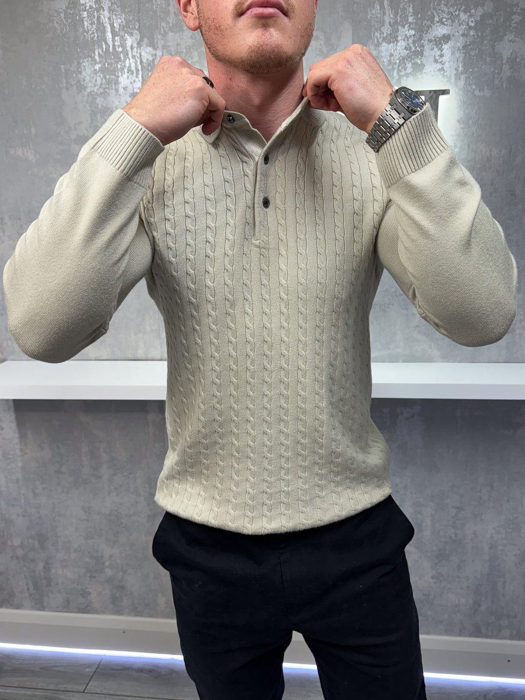 Long sleeve button up polo - Beige