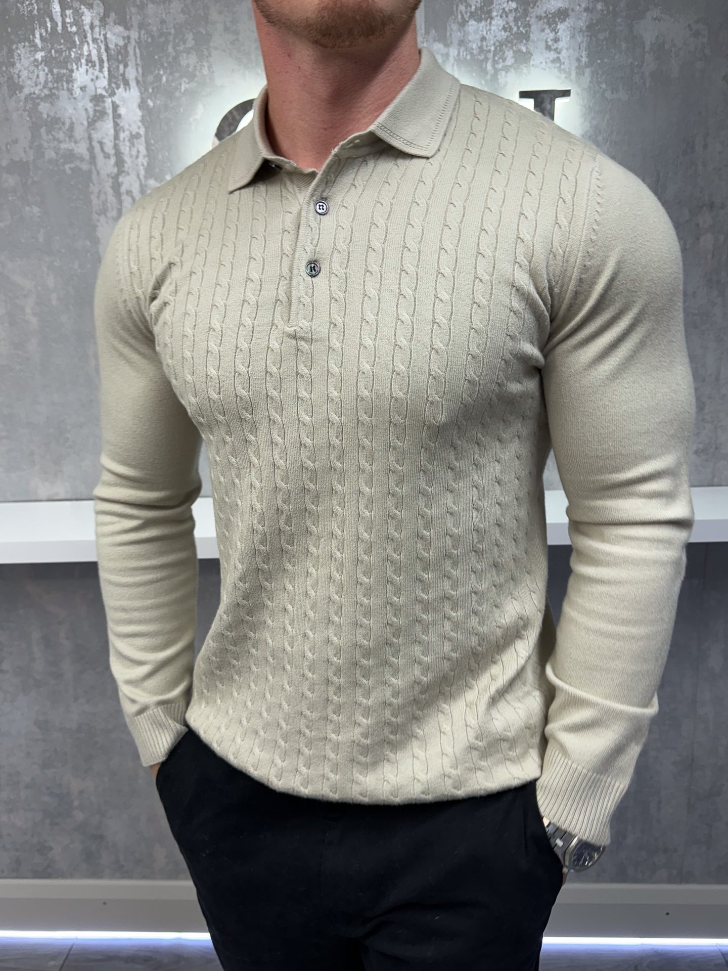 Long sleeve button up polo - Beige