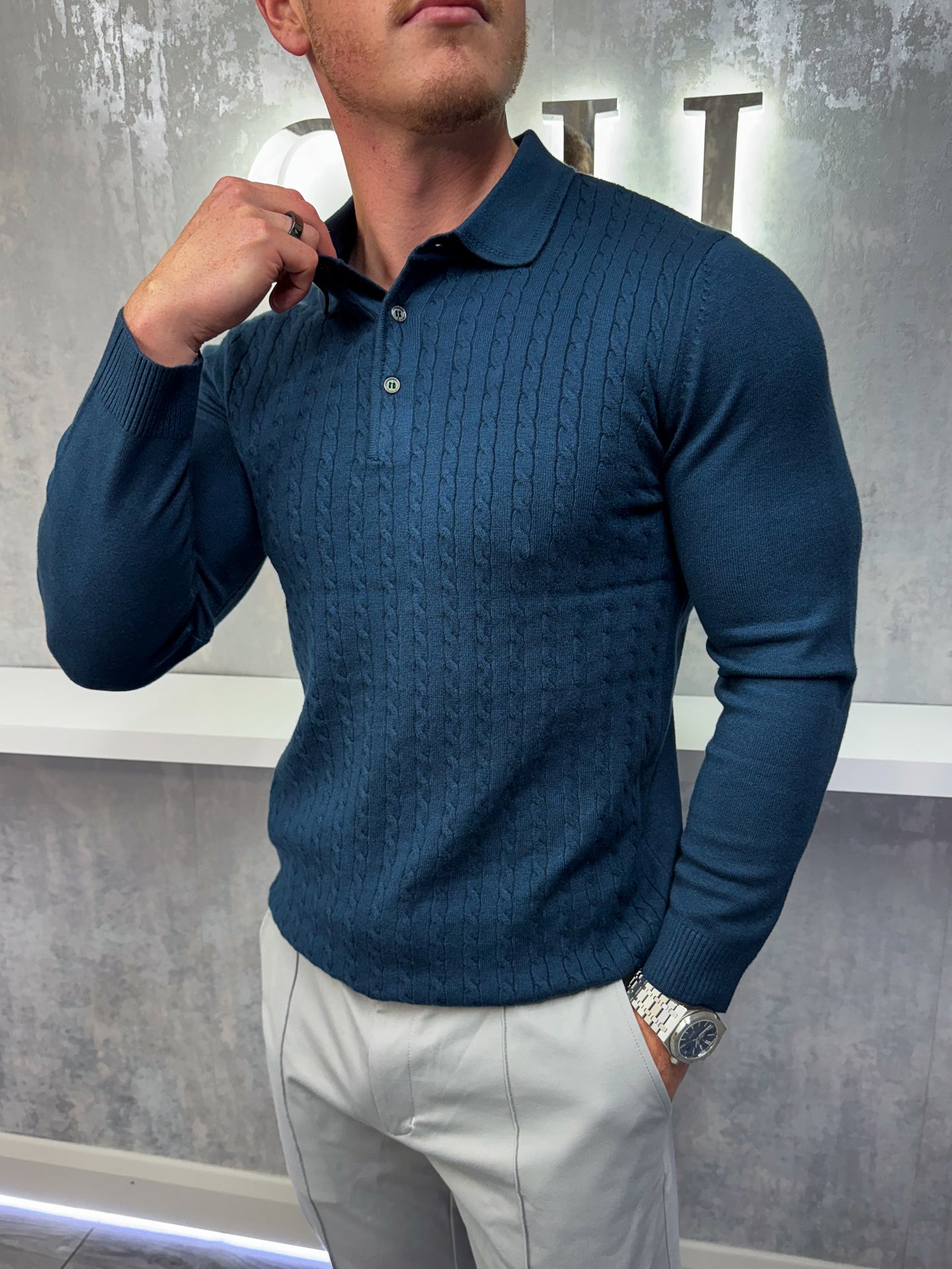 Long sleeve button up polo - Navy