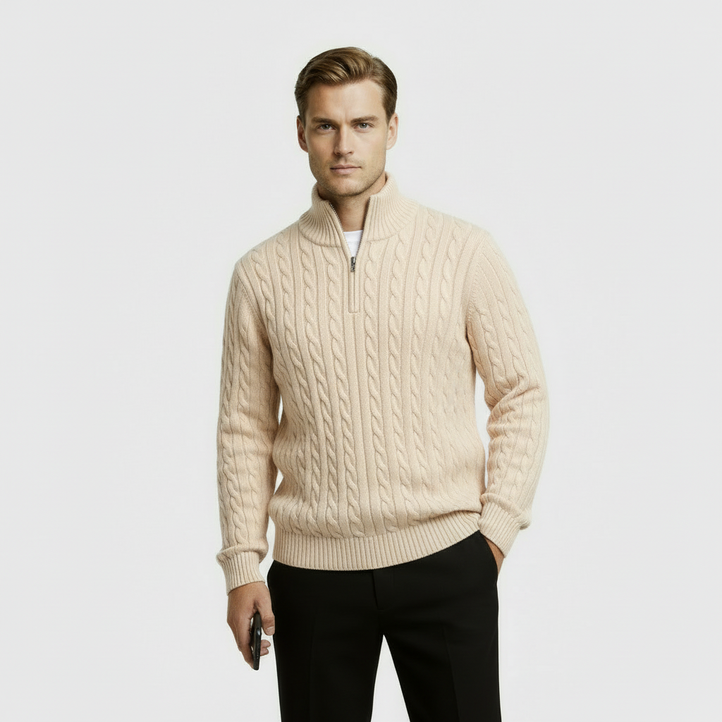Men’s Cable Knit Quarter Zip Sweater – Long Sleeve Stand Collar Jumper – Classic Smart Casual Knitwear