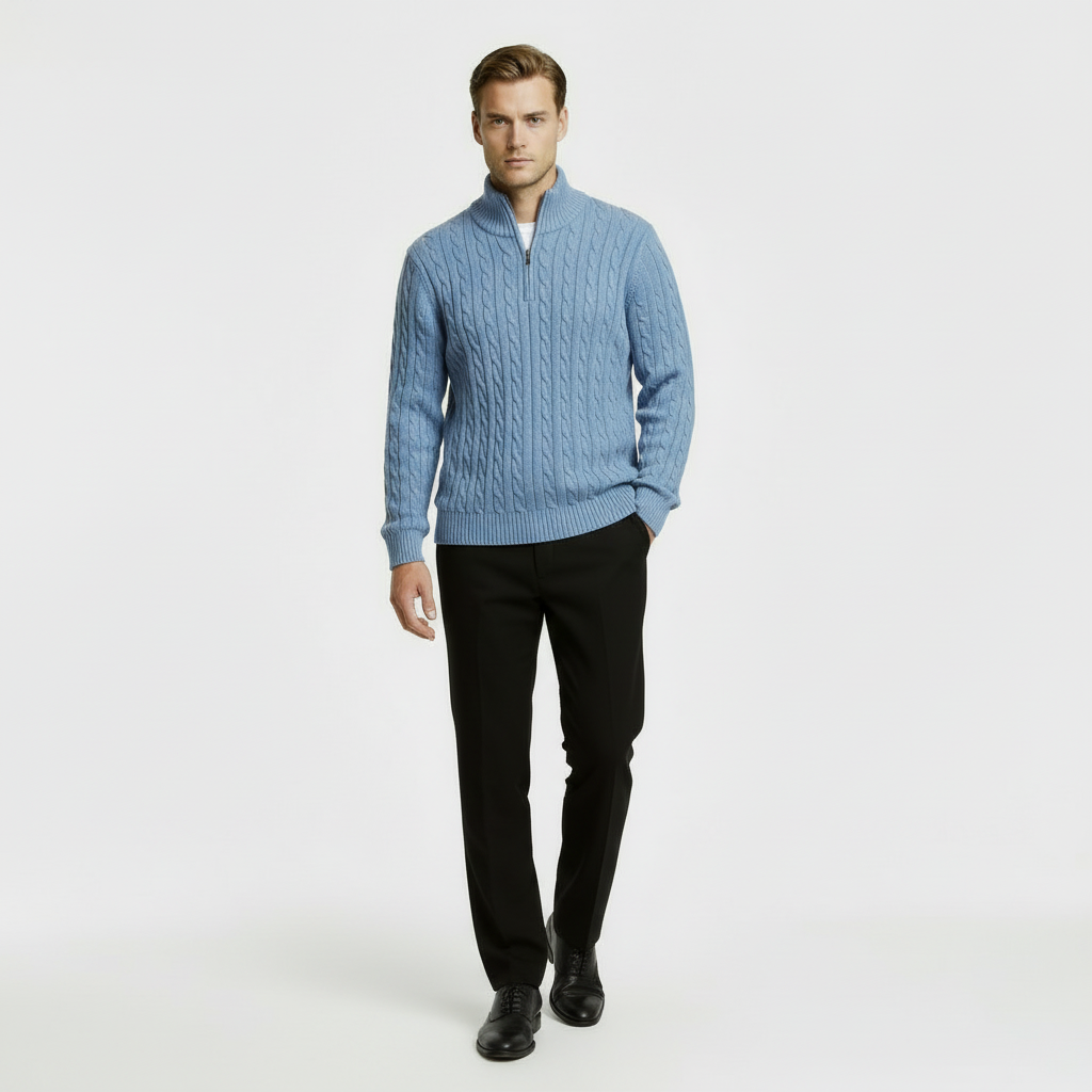 Men’s Cable Knit Quarter Zip Sweater – Long Sleeve Stand Collar Jumper – Classic Smart Casual Knitwear