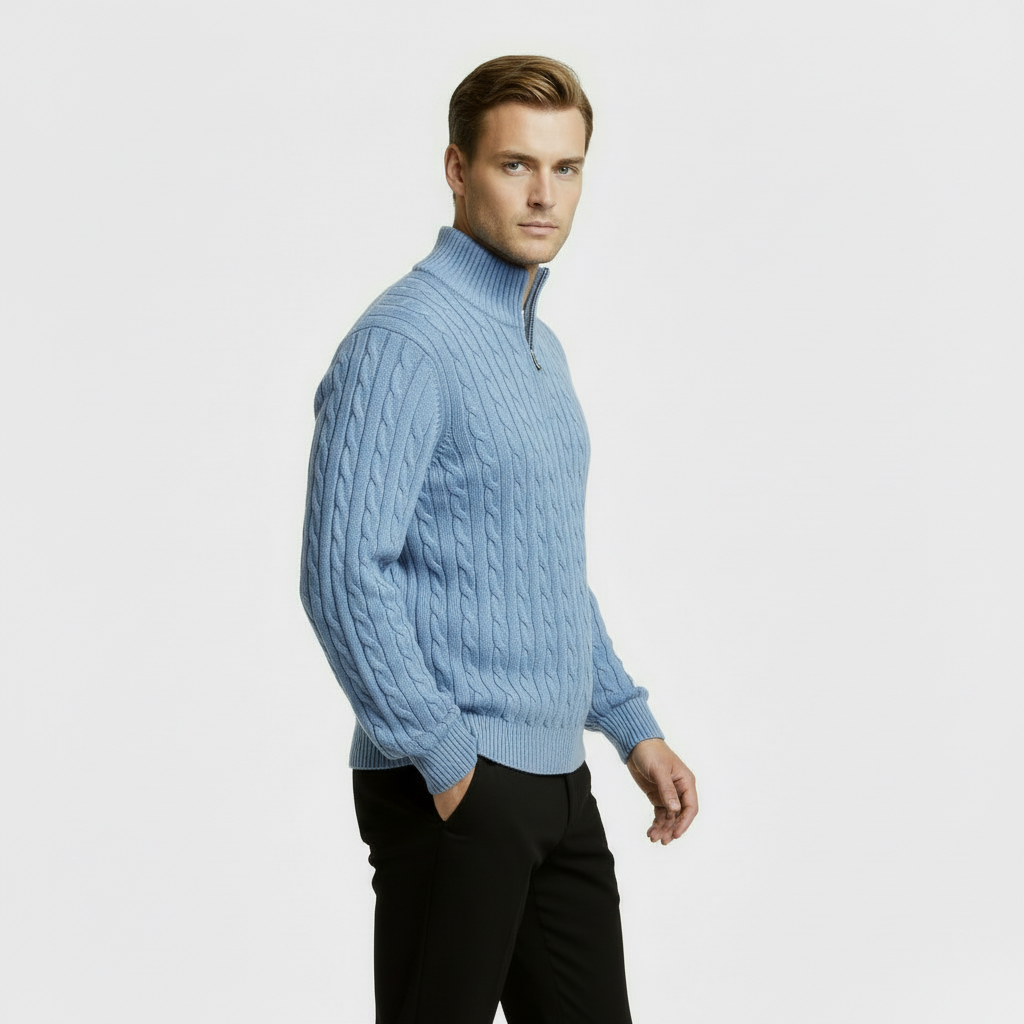 Men’s Cable Knit Quarter Zip Sweater – Long Sleeve Stand Collar Jumper – Classic Smart Casual Knitwear
