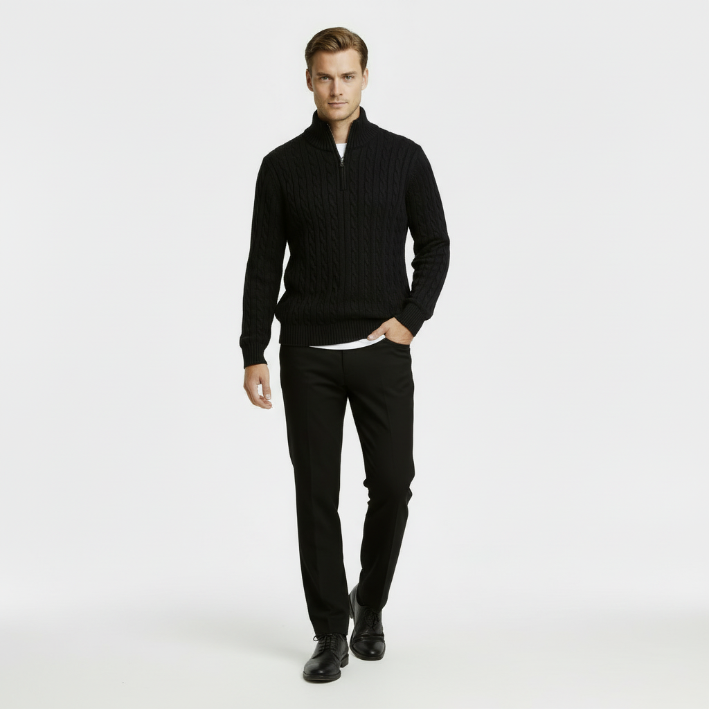 Men’s Cable Knit Quarter Zip Sweater – Long Sleeve Stand Collar Jumper – Classic Smart Casual Knitwear