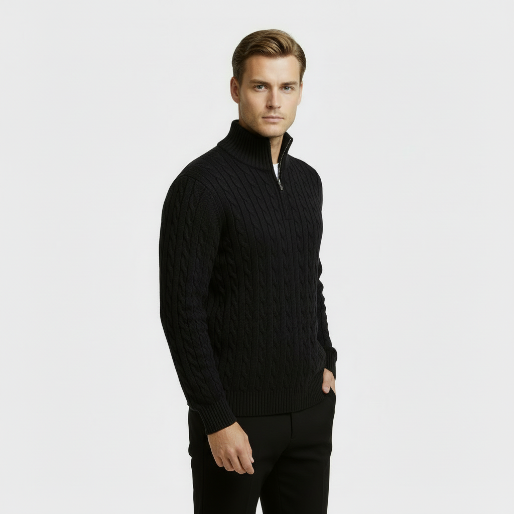 Men’s Cable Knit Quarter Zip Sweater – Long Sleeve Stand Collar Jumper – Classic Smart Casual Knitwear
