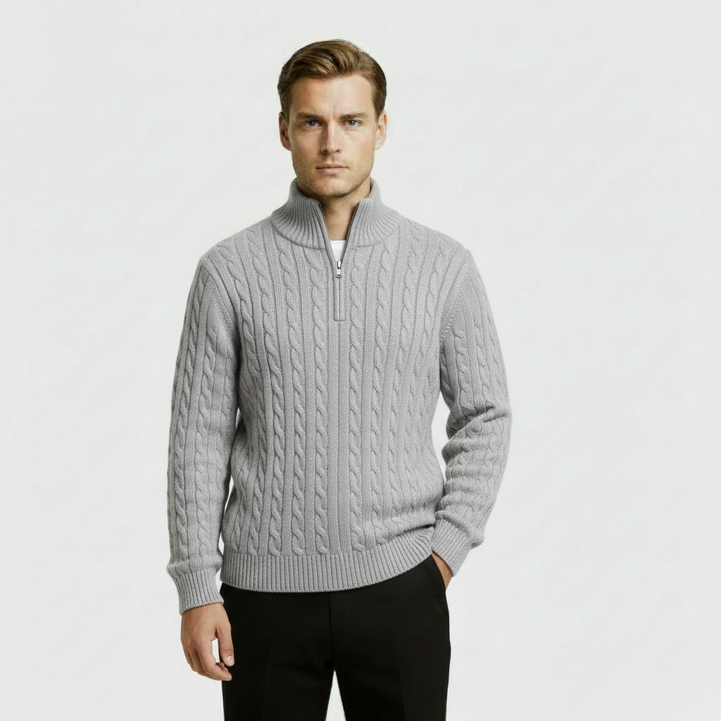 Men’s Cable Knit Quarter Zip Sweater – Long Sleeve Stand Collar Jumper – Classic Smart Casual Knitwear