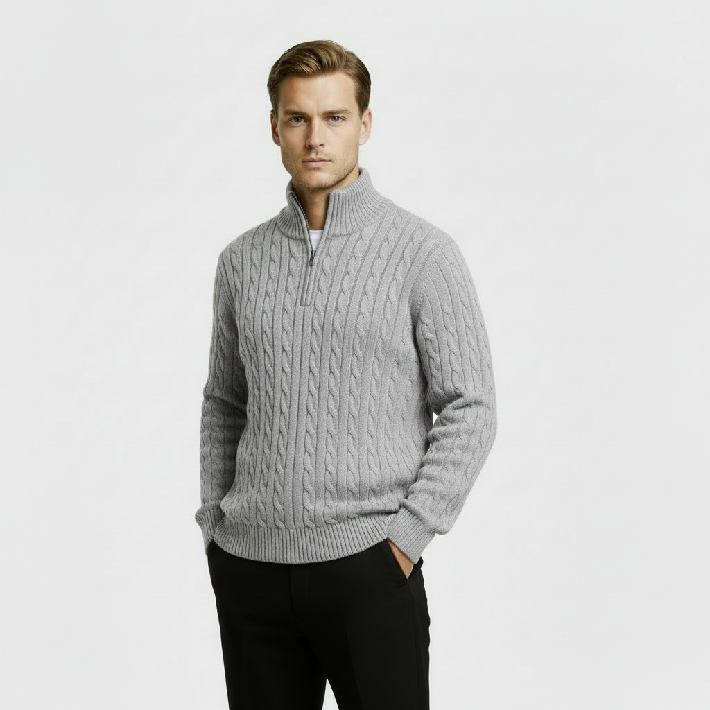Men’s Cable Knit Quarter Zip Sweater – Long Sleeve Stand Collar Jumper – Classic Smart Casual Knitwear