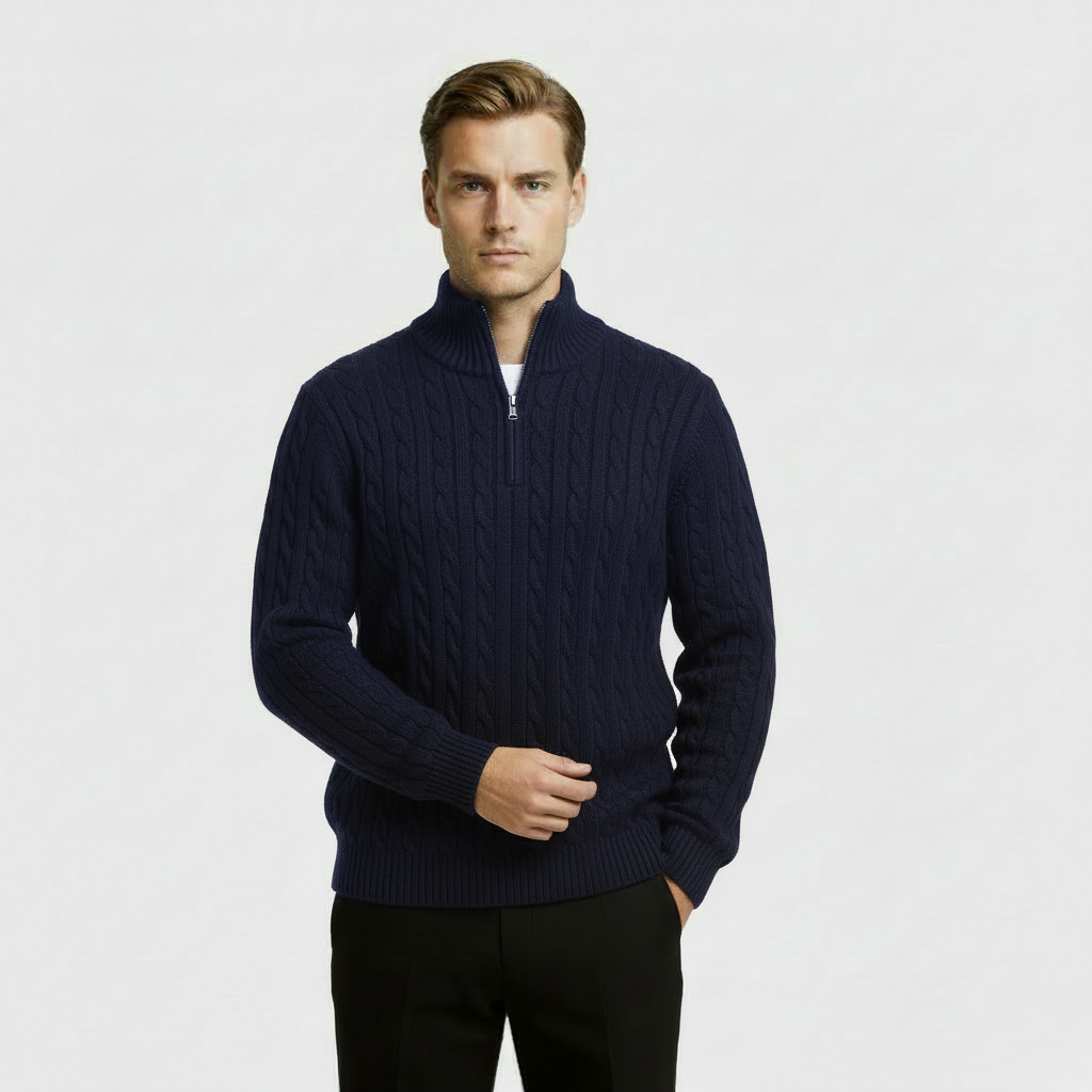 Men’s Cable Knit Quarter Zip Sweater – Long Sleeve Stand Collar Jumper – Classic Smart Casual Knitwear