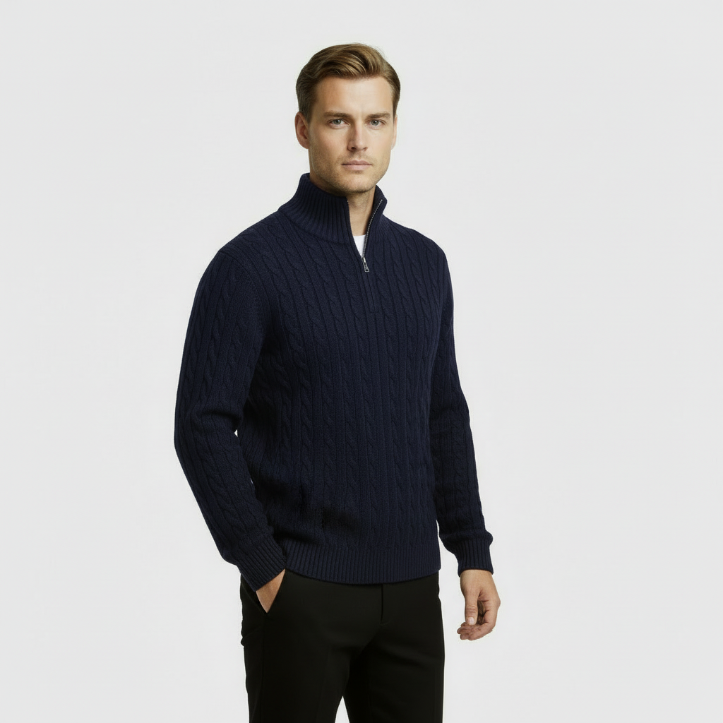 Men’s Cable Knit Quarter Zip Sweater – Long Sleeve Stand Collar Jumper – Classic Smart Casual Knitwear