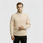 Men’s Cable Knit Quarter Zip Sweater – Long Sleeve Stand Collar Jumper – Classic Smart Casual Knitwear