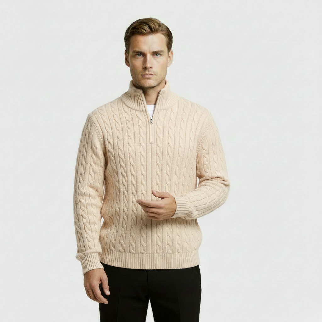 Men’s Cable Knit Quarter Zip Sweater – Long Sleeve Stand Collar Jumper – Classic Smart Casual Knitwear