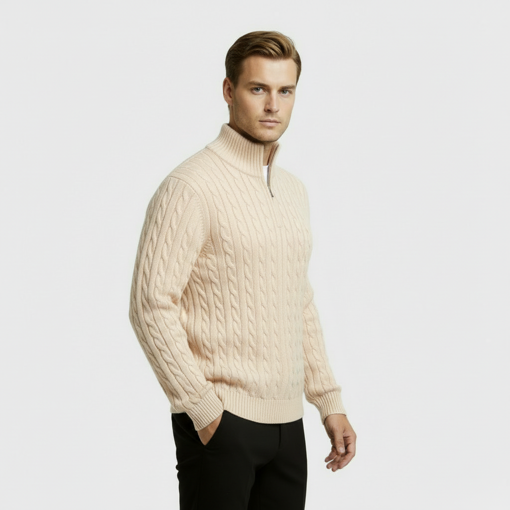 Men’s Cable Knit Quarter Zip Sweater – Long Sleeve Stand Collar Jumper – Classic Smart Casual Knitwear