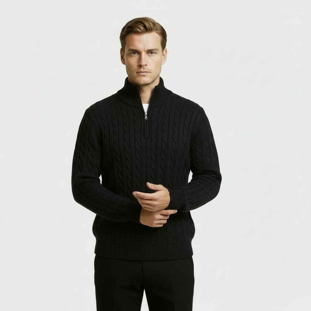 Men’s Cable Knit Quarter Zip Sweater – Long Sleeve Stand Collar Jumper – Classic Smart Casual Knitwear