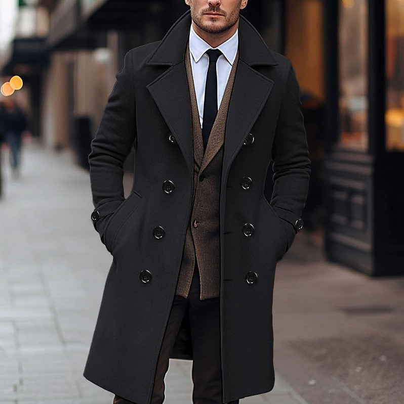 Men’s Structured Double-Breasted Long Winter Coat Formal Work Style