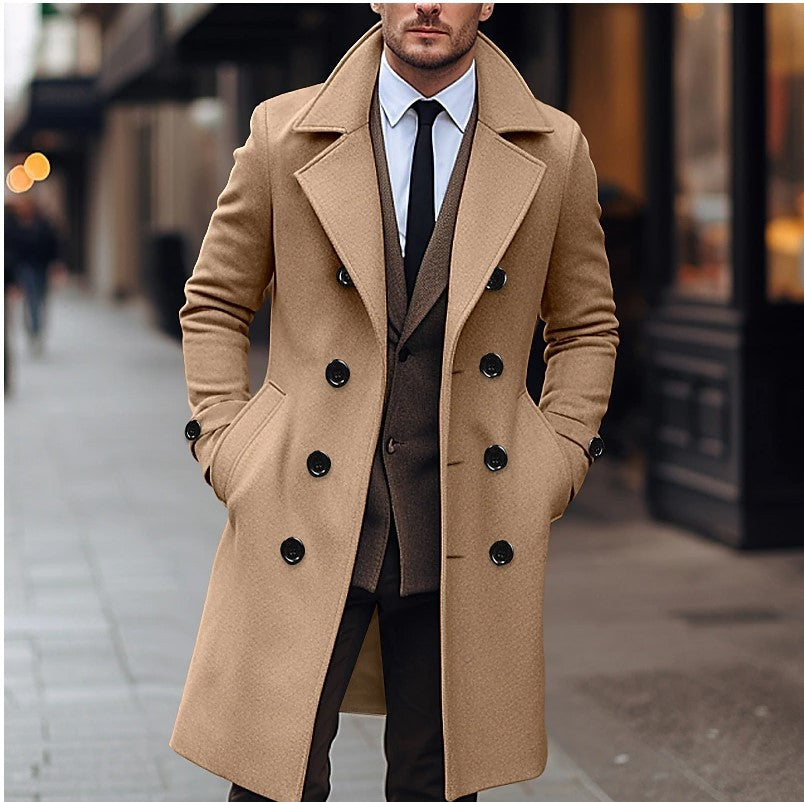 Men’s Structured Double-Breasted Long Winter Coat Formal Work Style