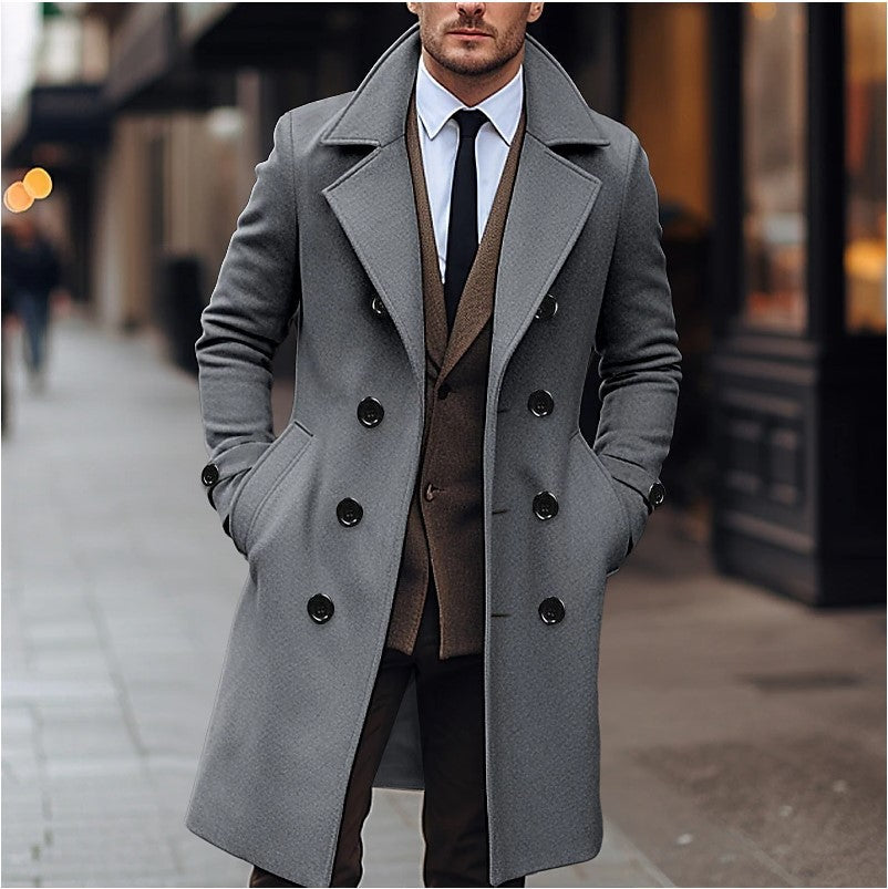 Men’s Structured Double-Breasted Long Winter Coat Formal Work Style