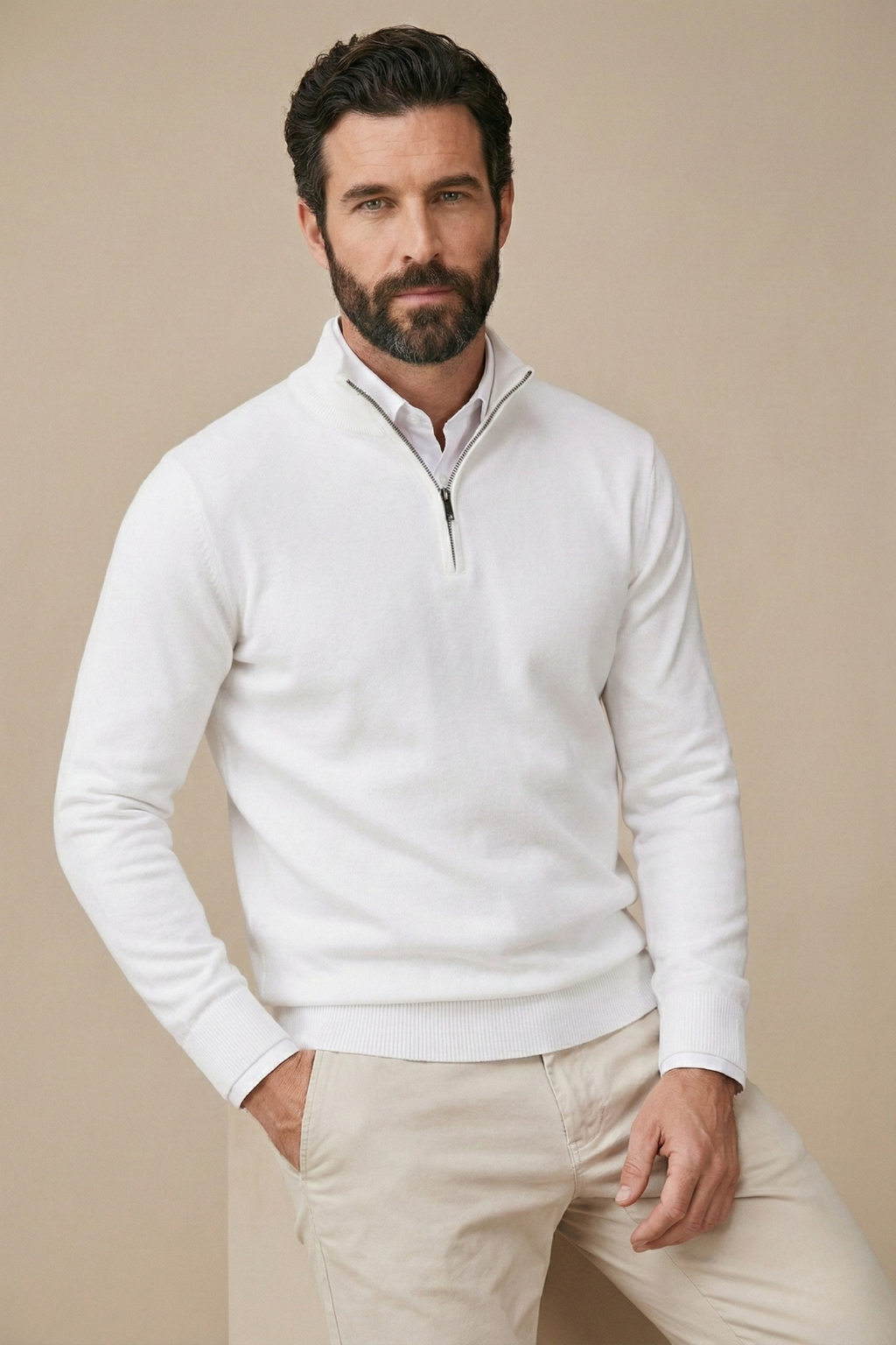 Men’s Half Zip Knit Sweater – Minimalist Stand Collar Pullover Jumper – Smart Casual Everyday Wear