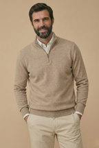 Men’s Half Zip Knit Sweater – Minimalist Stand Collar Pullover Jumper – Smart Casual Everyday Wear